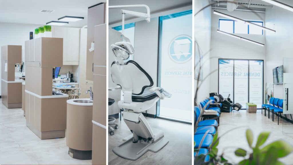 Modern Lethbridge Dental reception and treatment rooms with curved desk and blue chairs.