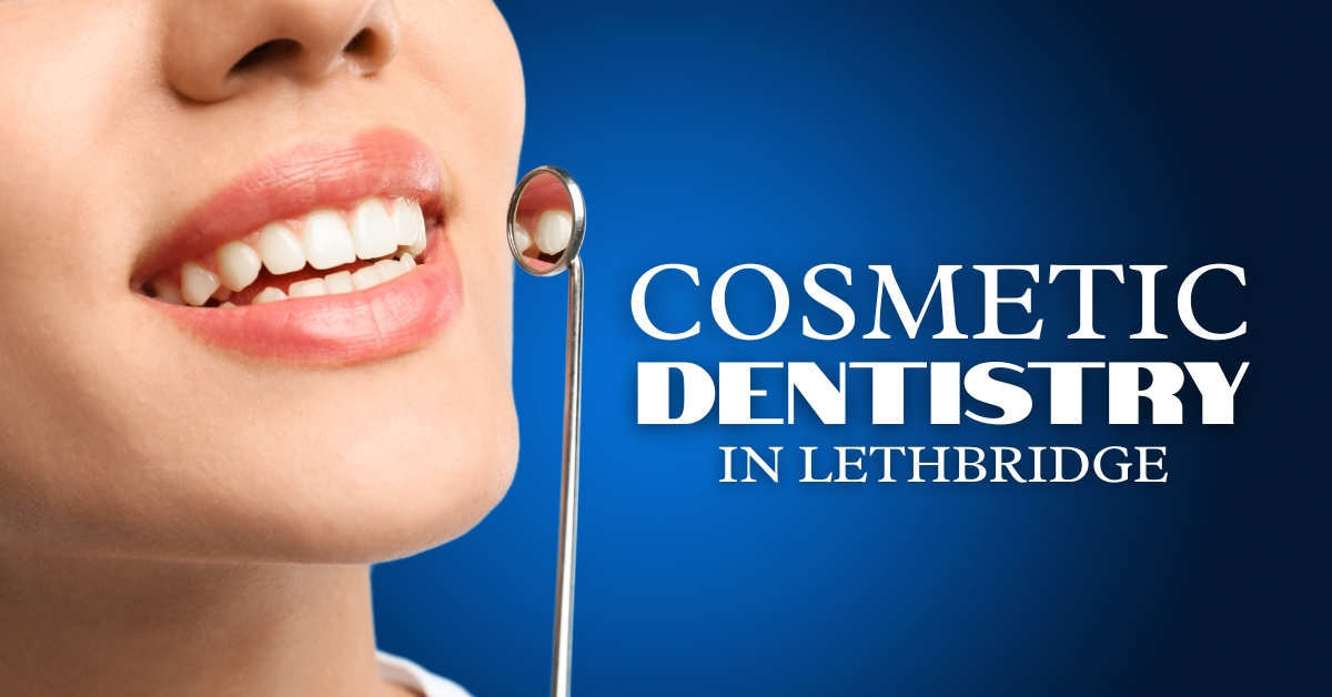 Close-up of a smiling patient with a dental mirror reflecting perfect white teeth, overlaid with bold white text on blue, "Cosmetic Dentistry in Lethbridge."
